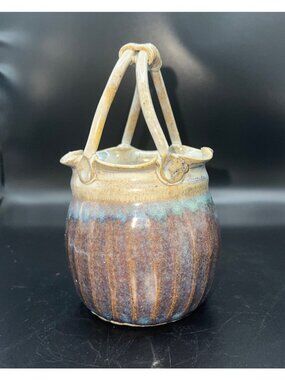 North Georgia Pottery Ceramic Basket Signed Hayward Multicolor Glaze Woven Handl